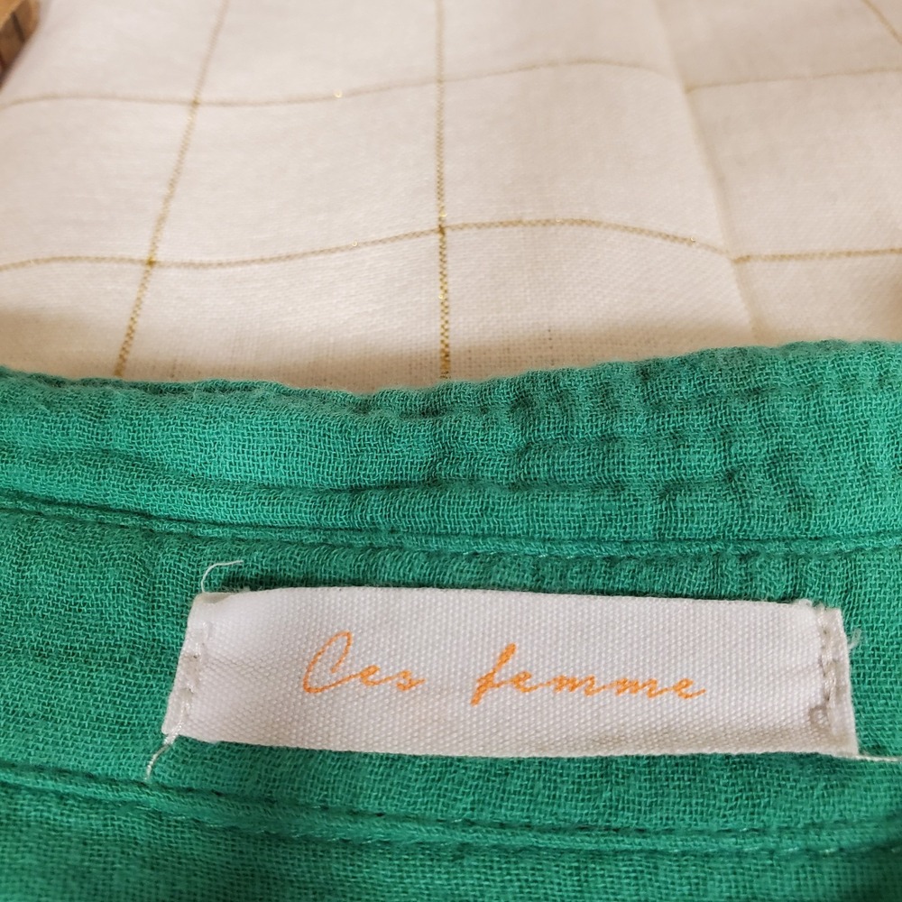 Ces Femme Waffle Shirt Dress Green Short Puff Sleeves 1XL Button Down A Line - Picture 5 of 5